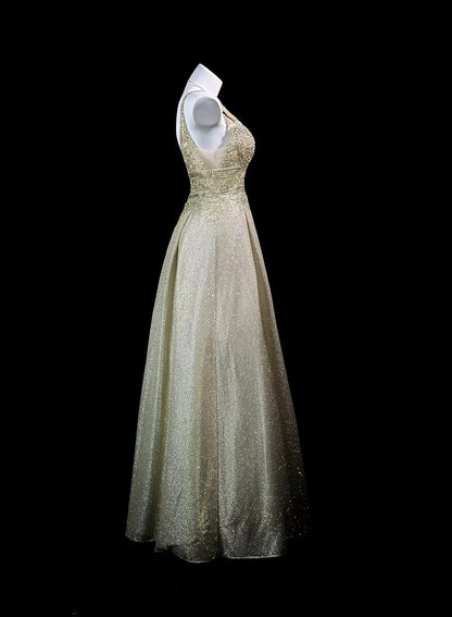 Vintage 2000s Prom Dresses A line V Neck Gold Sequined Lace Long Party Formal Outfits RB6215