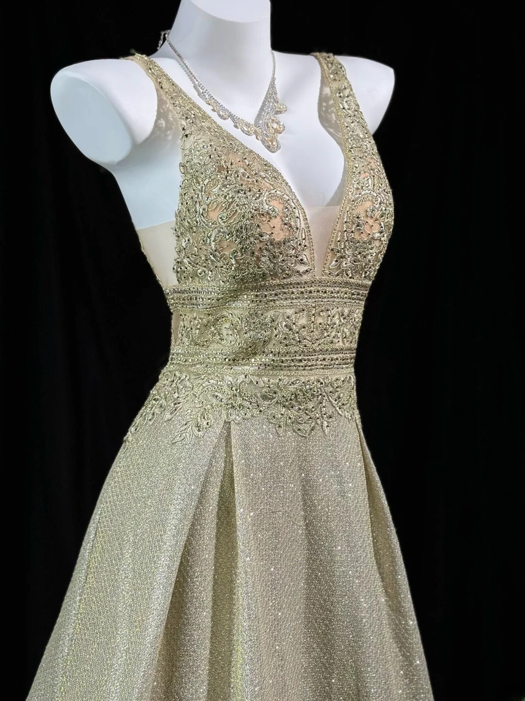 Vintage 2000s Prom Dresses A line V Neck Gold Sequined Lace Long Party Formal Outfits RB6215