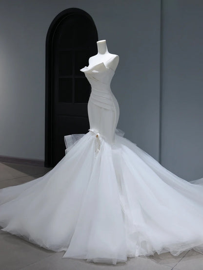 Elegant Classy Long Wedding Gowns Boho Ideas Mermaid Strapless Dresses Bohemian Style for Bride With Fitted Pleated Bridal Gown AS396