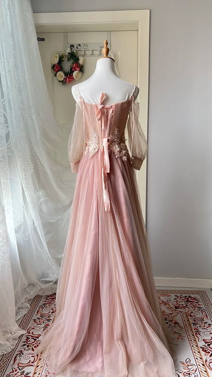 Modest Prom Dresses Aesthetic A line Spaghetti Straps Pink With Lace Long Evening Outfits RC0718