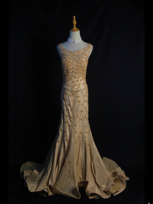Vintage Mermaid Gold 1950s With Beads Bodice Long Prom Dresses Inspo Birthday Outfit Formal Gown AS397