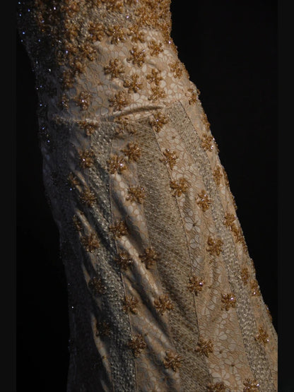 Vintage Mermaid Gold 1950s With Beads Bodice Long Prom Dresses Inspo Birthday Outfit Formal Gown AS397