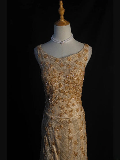 Vintage Mermaid Gold 1950s With Beads Bodice Long Prom Dresses Inspo Birthday Outfit Formal Gown AS397