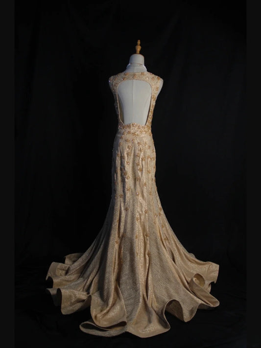 Vintage Mermaid Gold 1950s With Beads Bodice Long Prom Dresses Inspo Birthday Outfit Formal Gown AS397