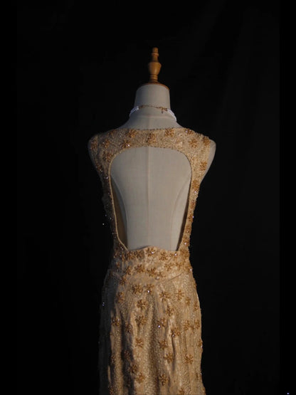 Vintage Mermaid Gold 1950s With Beads Bodice Long Prom Dresses Inspo Birthday Outfit Formal Gown AS397