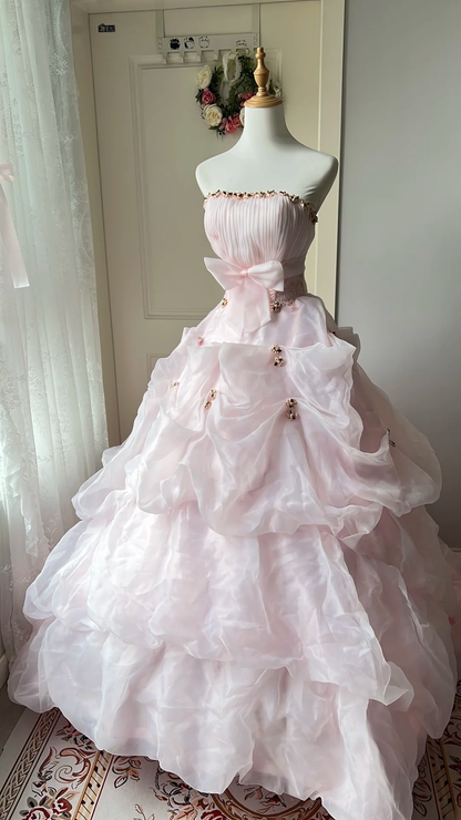 Sweet 15 Quinceanera Dresses Ball Gown Strapless Pink With Tiered Crystals Long 16th Birthday Dress RC0720