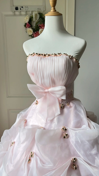 Sweet 15 Quinceanera Dresses Ball Gown Strapless Pink With Tiered Crystals Long 16th Birthday Dress RC0720