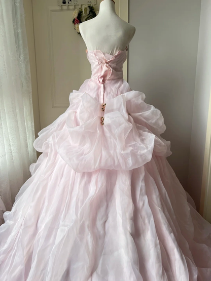 Sweet 15 Quinceanera Dresses Ball Gown Strapless Pink With Tiered Crystals Long 16th Birthday Dress RC0720