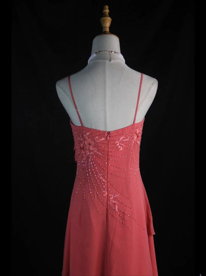 Vintage A line 80s Spaghetti Straps Pink Beads With Beaded Long Prom Dresses Inspo Birthday Outfit Formal Gowns AS399