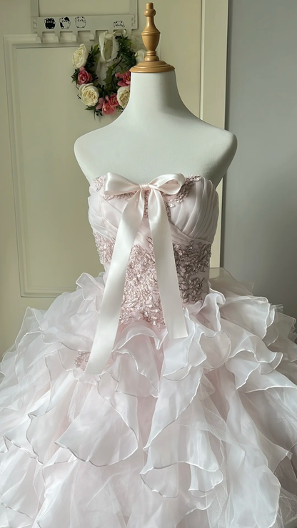Sweet 15 Quinceanera Dresses Ball Gown Sweetheart Pink With Tiered Appliqued Long 16th Birthday Dress RC0721