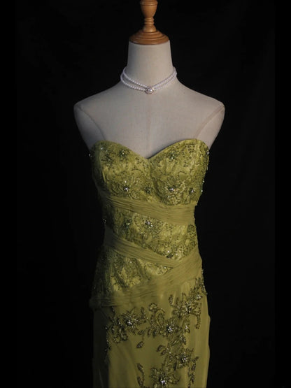 Vintage Mermaid Sweetheart Sage Green Chiffon 1950s With Beads Lace Bodice Long Prom Dresses Inspo Birthday Outfit Party Gown AS400