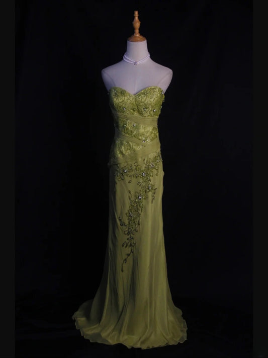Vintage Mermaid Sweetheart Sage Green Chiffon 1950s With Beads Lace Bodice Long Prom Dresses Inspo Birthday Outfit Party Gown AS400