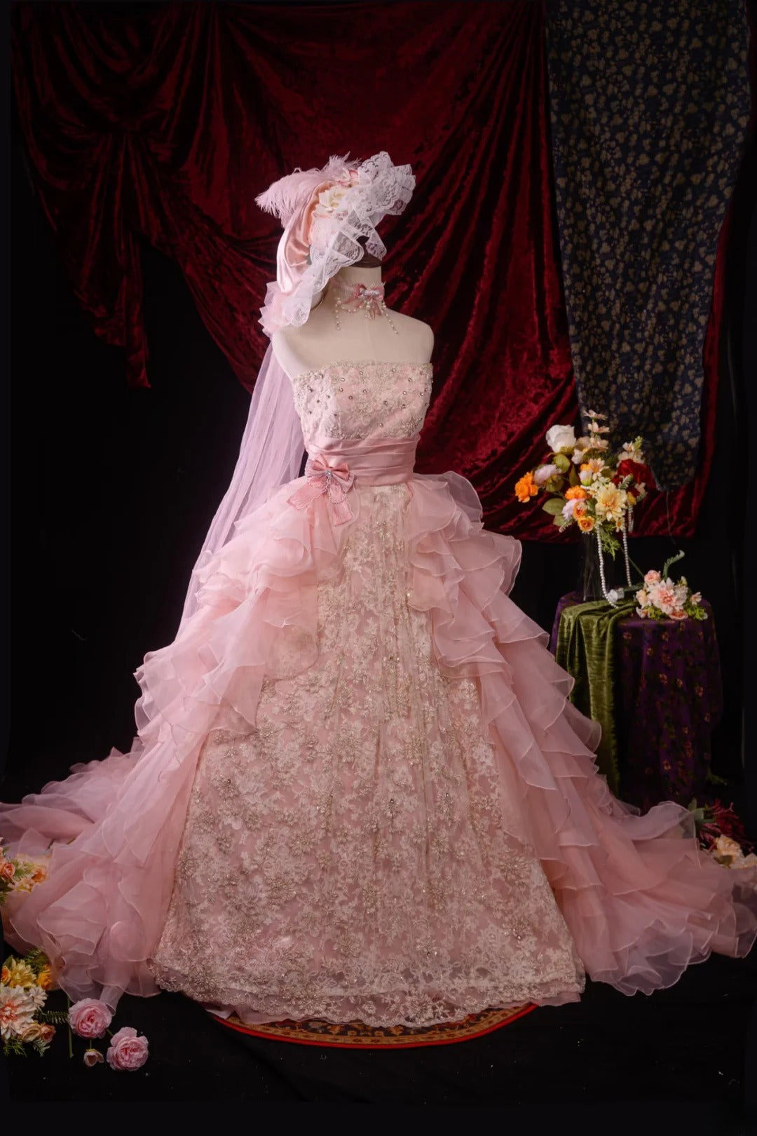 Ball Gown Strapless Pink Lace Sweet 15 Quinceanera Dresses Formal Gown Birthday Vestido De 15 Años RB8594