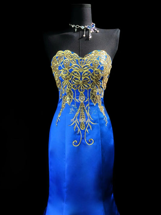 Vintage 2000s Prom Dresses Mermaid Sweetheart Royal Blue With Gold Lace Long Party Formal Outfits RB6219