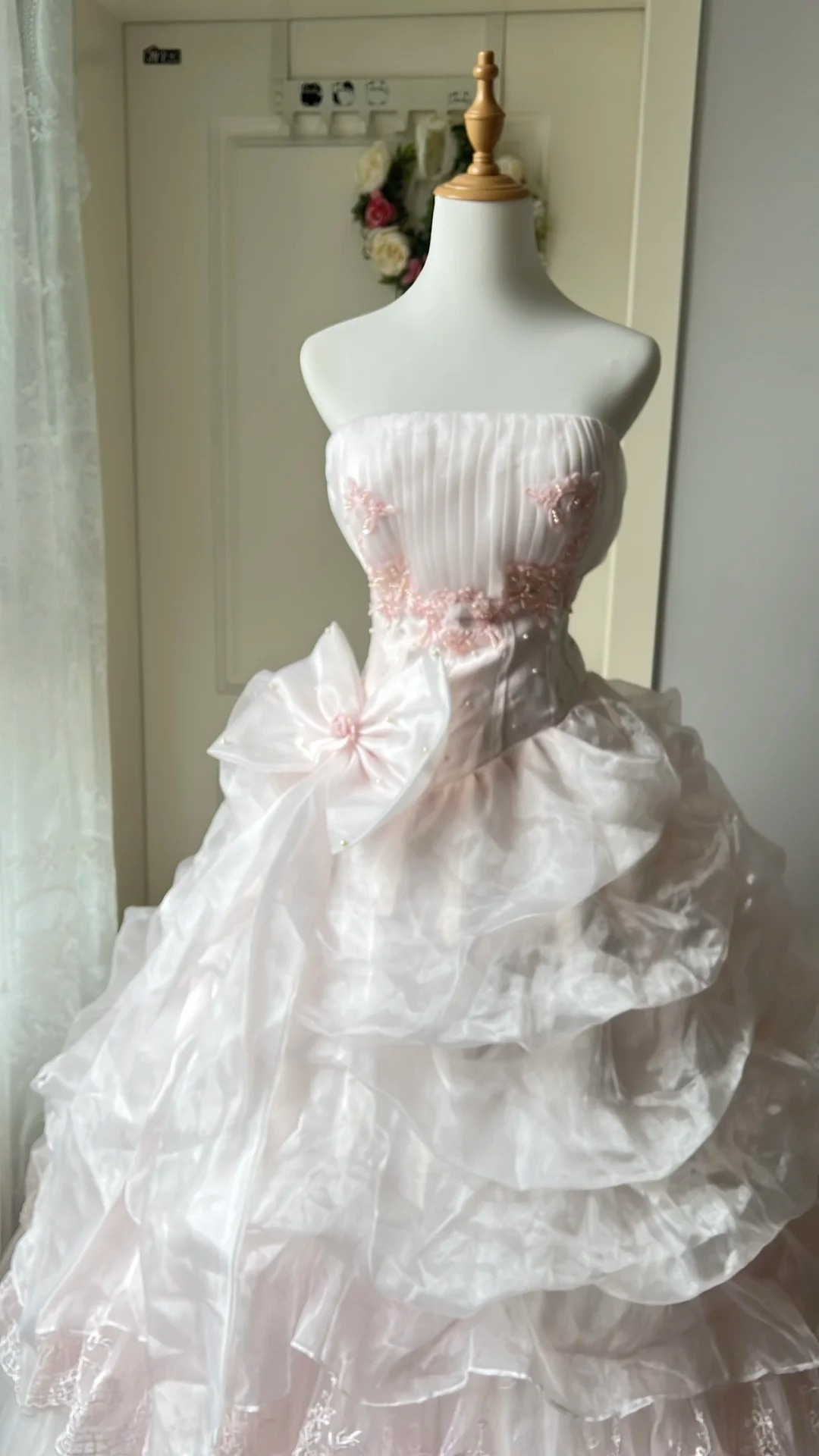 Sweet 15 Quinceanera Dresses Ball Gown Strapless Light Pink With Appliqued Tiered Long 16th Birthday Dress RC0723
