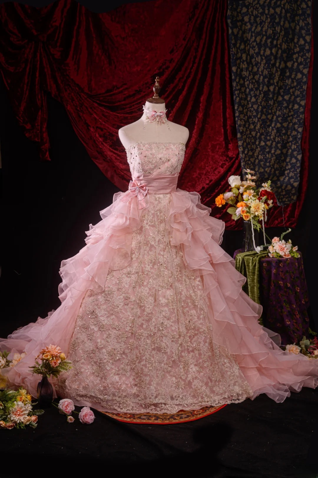 Ball Gown Strapless Pink Lace Sweet 15 Quinceanera Dresses Formal Gown Birthday Vestido De 15 Años RB8594