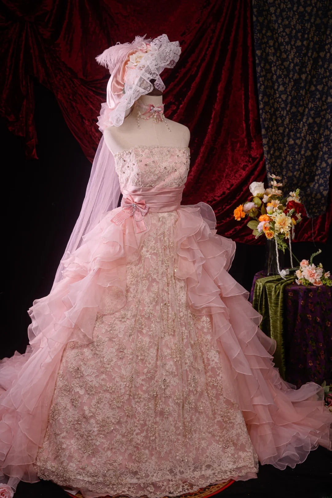 Ball Gown Strapless Pink Lace Sweet 15 Quinceanera Dresses Formal Gown Birthday Vestido De 15 Años RB8594