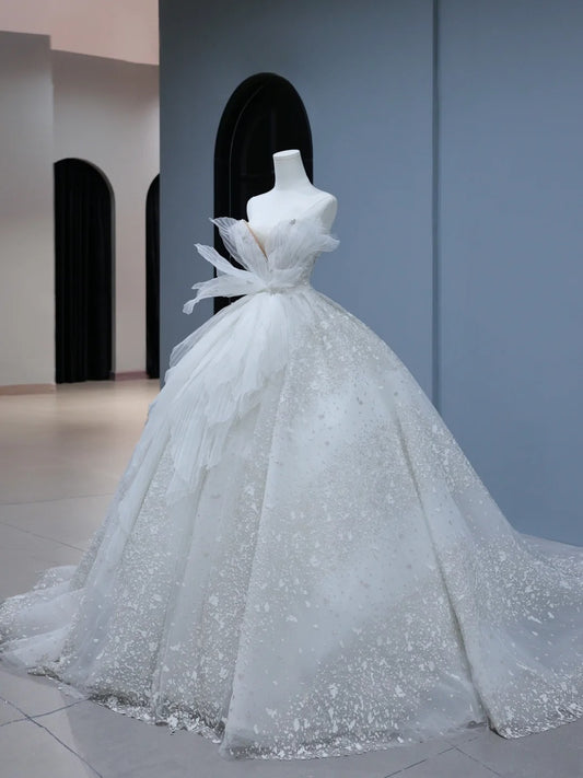 Princess Long Wedding Gowns Ball Gown Sweetheart Style for Bride With Pleated Ruched Train White Bridal Dress AS401