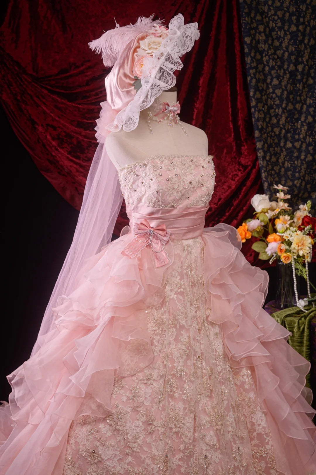 Ball Gown Strapless Pink Lace Sweet 15 Quinceanera Dresses Formal Gown Birthday Vestido De 15 Años RB8594