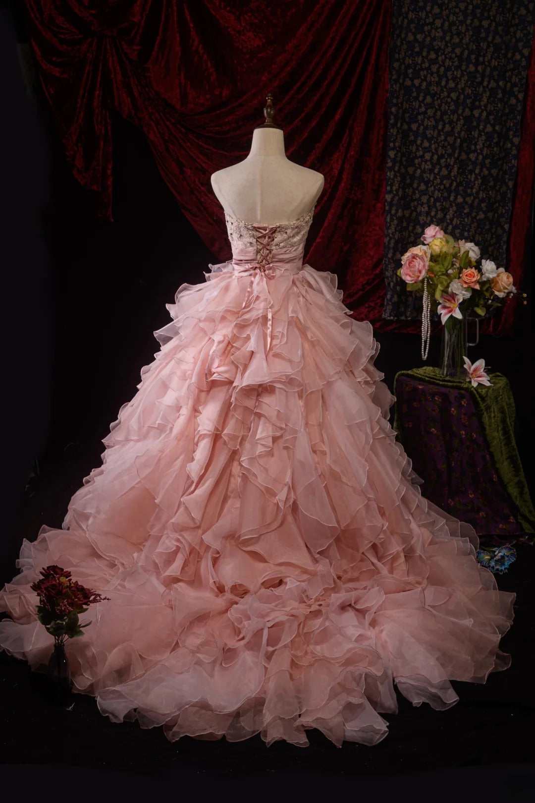 Ball Gown Strapless Pink Lace Sweet 15 Quinceanera Dresses Formal Gown Birthday Vestido De 15 Años RB8594