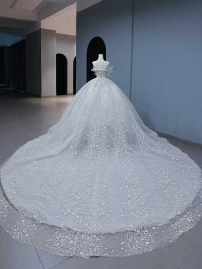 Princess Long Wedding Gowns Ball Gown Sweetheart Style for Bride With Pleated Ruched Train White Bridal Dress AS401