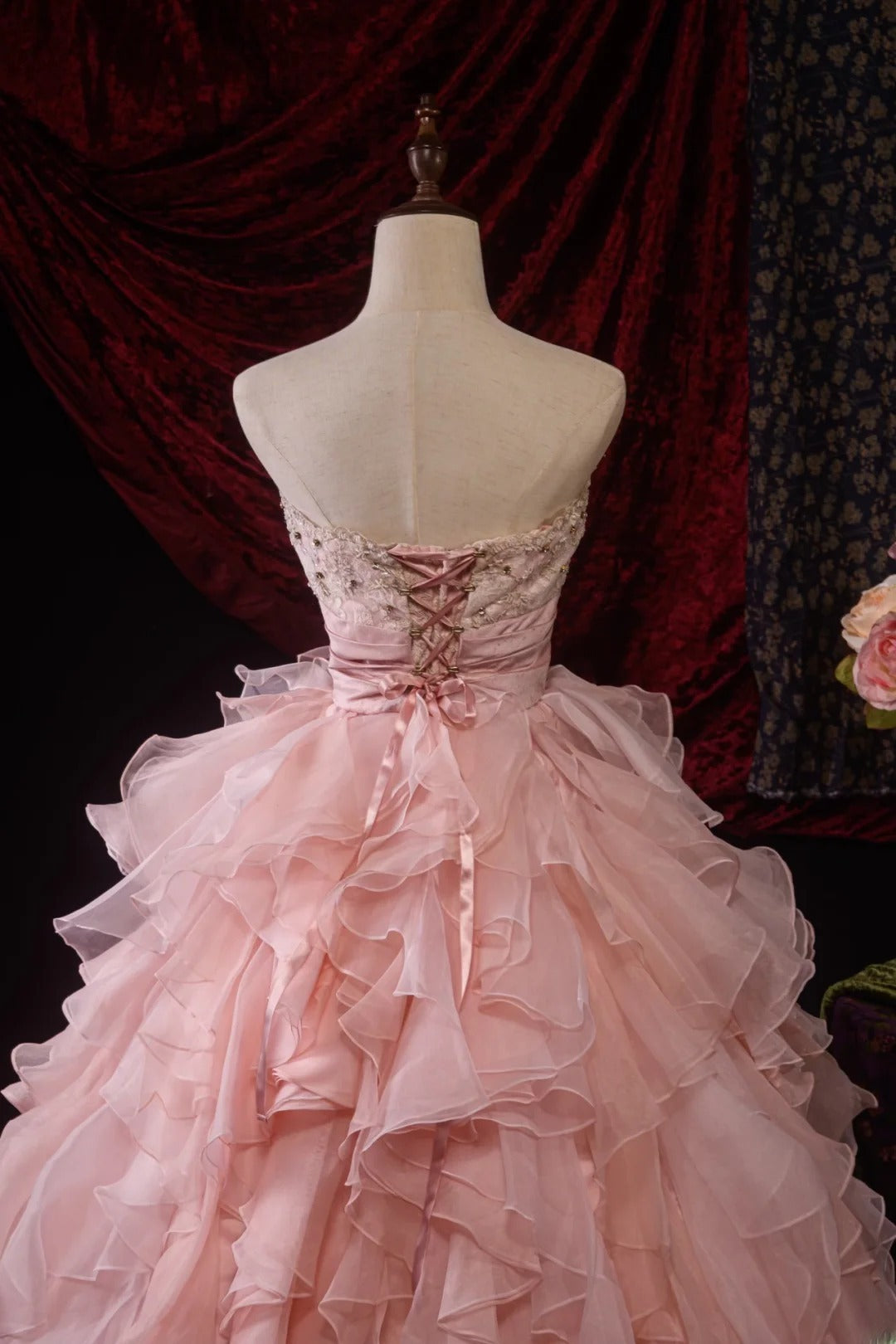 Ball Gown Strapless Pink Lace Sweet 15 Quinceanera Dresses Formal Gown Birthday Vestido De 15 Años RB8594