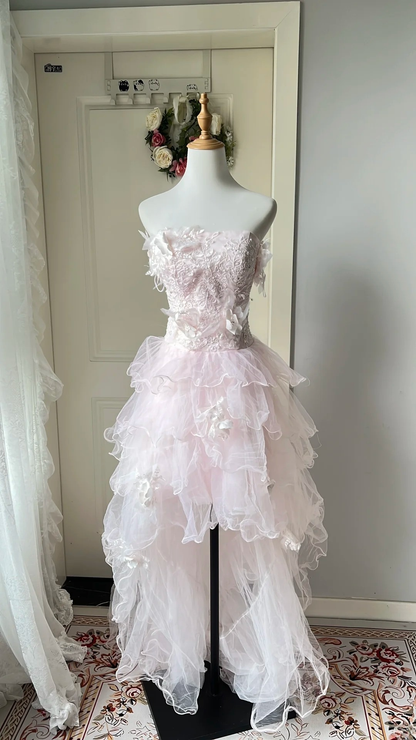 Sweet 16 Dress Ideas High Low Strapless Light Pink Tulle With Appliques Ball Gown Sweet Sixteen Birthday Dresses RC0724