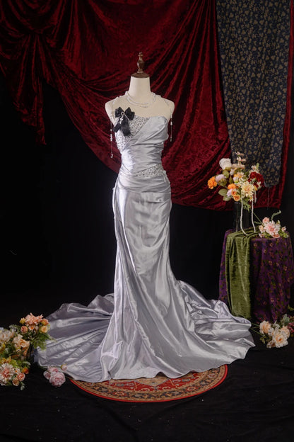 Vintage 80s Mermaid Strapless Taffeta y2k High School Dances Silver Long Prom Dresses Evening Gown RB8595