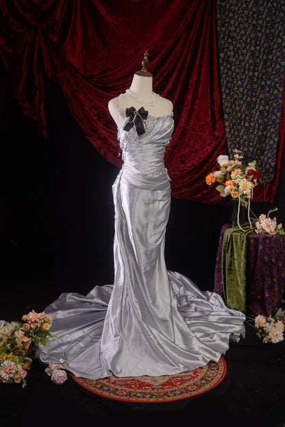 Vintage 80s Mermaid Strapless Taffeta y2k High School Dances Silver Long Prom Dresses Evening Gown RB8595