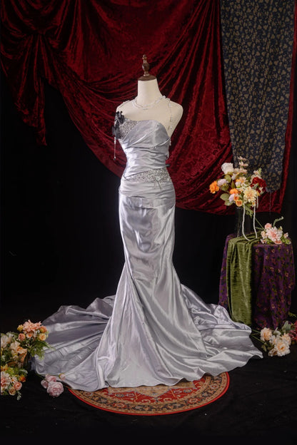 Vintage 80s Mermaid Strapless Taffeta y2k High School Dances Silver Long Prom Dresses Evening Gown RB8595