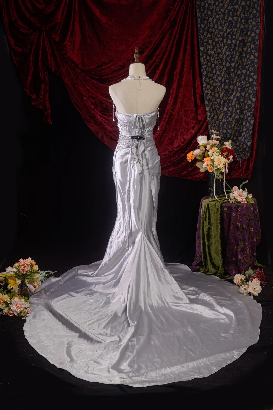 Vintage 80s Mermaid Strapless Taffeta y2k High School Dances Silver Long Prom Dresses Evening Gown RB8595