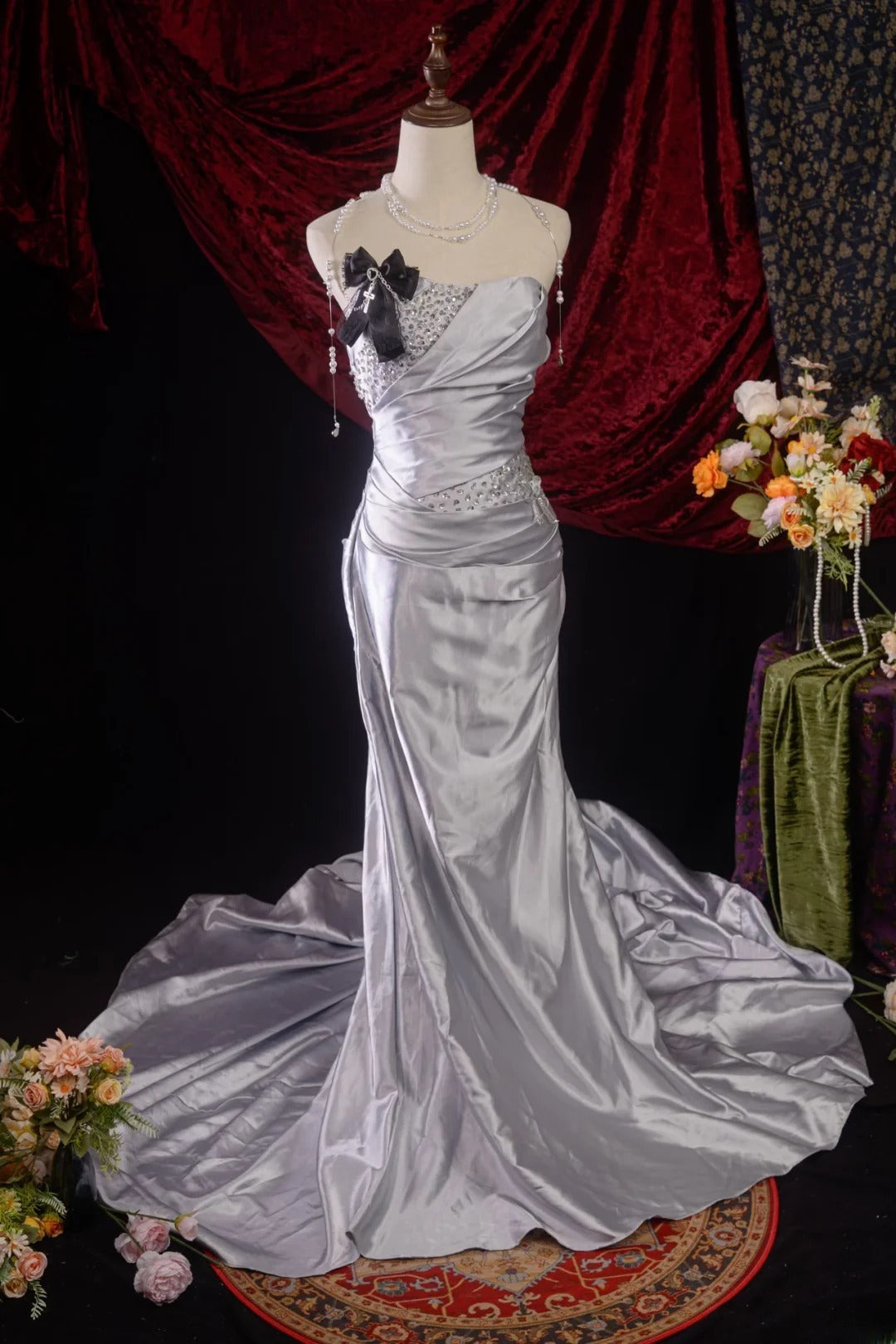 Vintage 80s Mermaid Strapless Taffeta y2k High School Dances Silver Long Prom Dresses Evening Gown RB8595