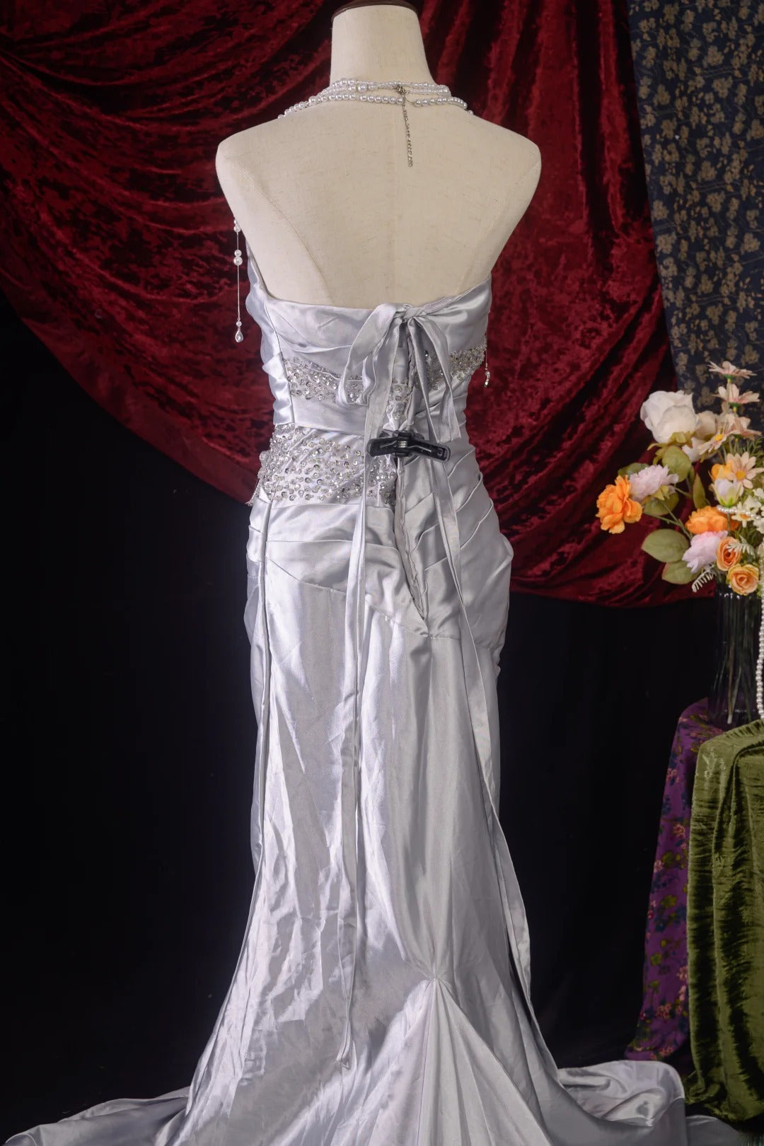 Vintage 80s Mermaid Strapless Taffeta y2k High School Dances Silver Long Prom Dresses Evening Gown RB8595