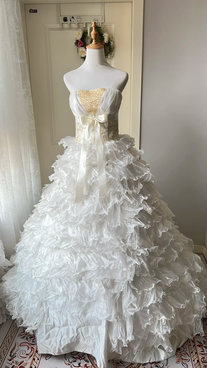 Sweet 15 Quinceanera Dresses Ball Gown Strapless White With Layers Tiered Long 16th Birthday Dress RC0725