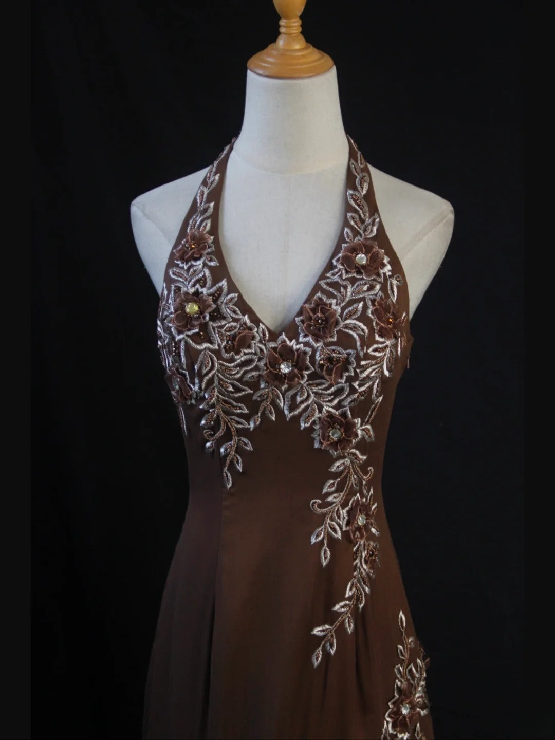 Vintage Mermaid 80s Halter Brown Chiffon Beads Long Prom Dresses Inspo Birthday Outfit Formal Gowns AS403