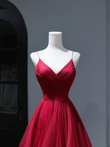 Modest Prom Dresses Aesthetic A Line Spaghetti Straps Burgundy Tulle Inspiration Impress With Pleated Long Party Formal Gown For Teenagers High Schools AS403
