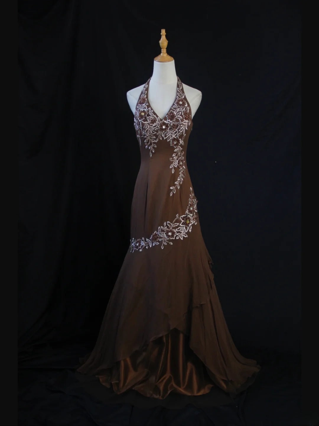 Vintage Mermaid 80s Halter Brown Chiffon Beads Long Prom Dresses Inspo Birthday Outfit Formal Gowns AS403