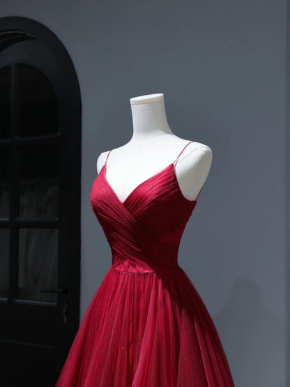 Modest Prom Dresses Aesthetic A Line Spaghetti Straps Burgundy Tulle Inspiration Impress With Pleated Long Party Formal Gown For Teenagers High Schools AS403