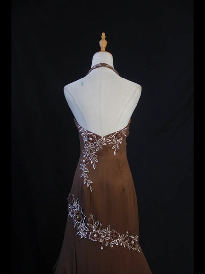 Vintage Mermaid 80s Halter Brown Chiffon Beads Long Prom Dresses Inspo Birthday Outfit Formal Gowns AS403