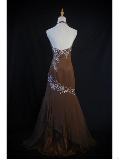 Vintage Mermaid 80s Halter Brown Chiffon Beads Long Prom Dresses Inspo Birthday Outfit Formal Gowns AS403