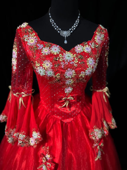 Pretty Ball Gown Scoop Red Tulle Prom Dresses Long Sleeves 15 Quinceanera Dresses Photo Ideas Formal Outfit RB6221