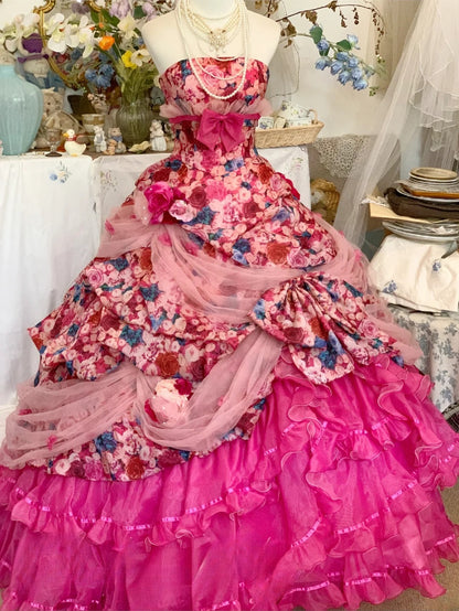 Prom Dress Elegant Ball Gown Strapless Floral Pink With Tiered Formal Evening Gown for Graduation Party RB9417