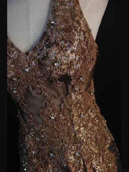 Vintage Mermaid 80s Halter Chocolate Taffeta With Slit Beads Long Prom Dresses Inspo Birthday Outfit Formal Gowns AS404