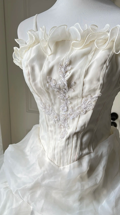 Sweet 15 Quinceanera Dresses Ball Gown Spaghetti Straps White With Layers Tiered Long 16th Birthday Dress RC0726