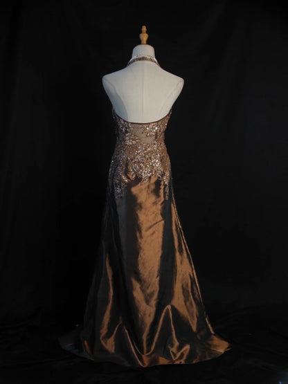Vintage Mermaid 80s Halter Chocolate Taffeta With Slit Beads Long Prom Dresses Inspo Birthday Outfit Formal Gowns AS404