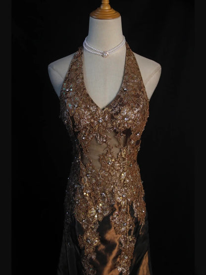 Vintage Mermaid 80s Halter Chocolate Taffeta With Slit Beads Long Prom Dresses Inspo Birthday Outfit Formal Gowns AS404