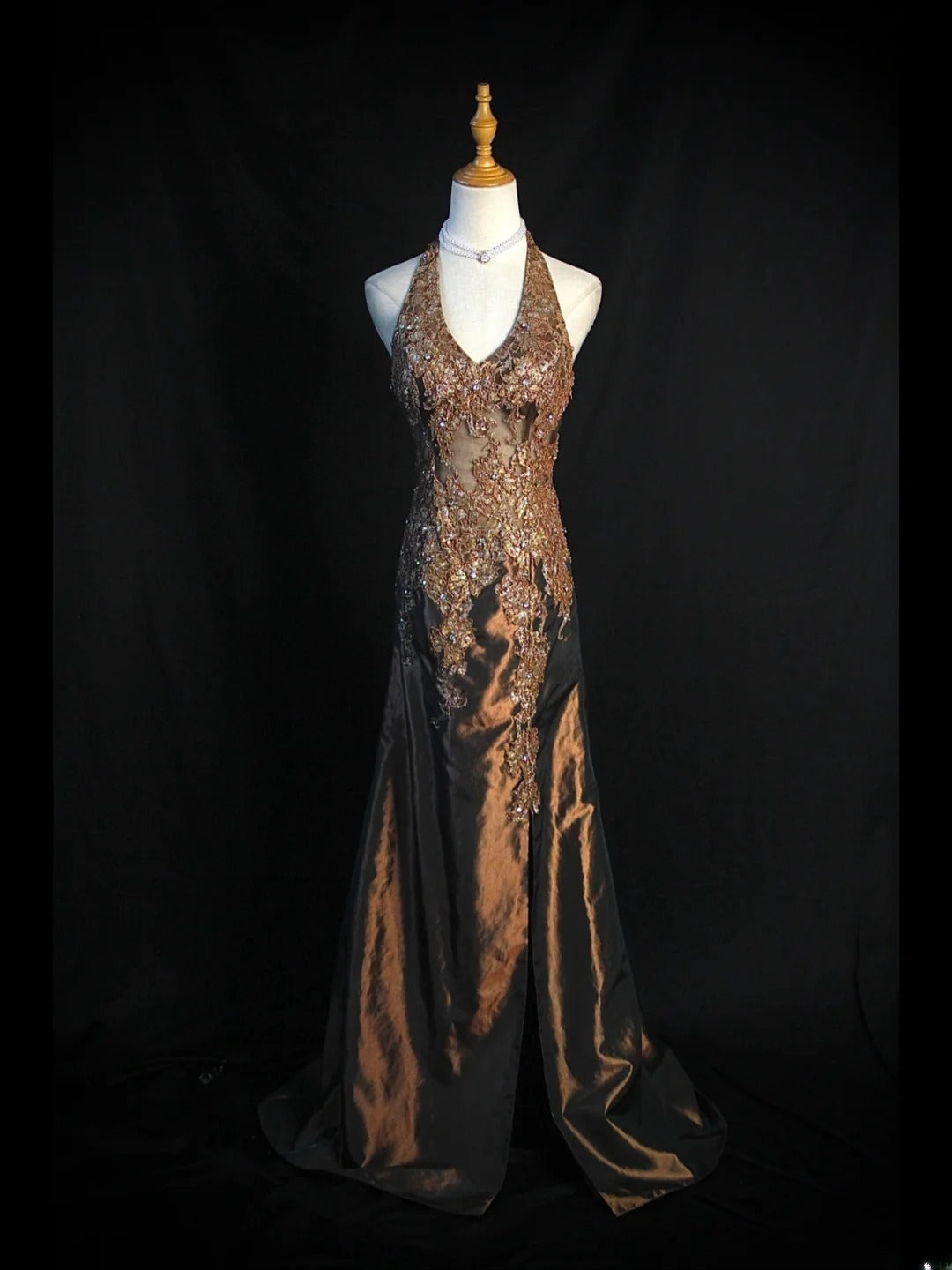 Vintage Mermaid 80s Halter Chocolate Taffeta With Slit Beads Long Prom Dresses Inspo Birthday Outfit Formal Gowns AS404
