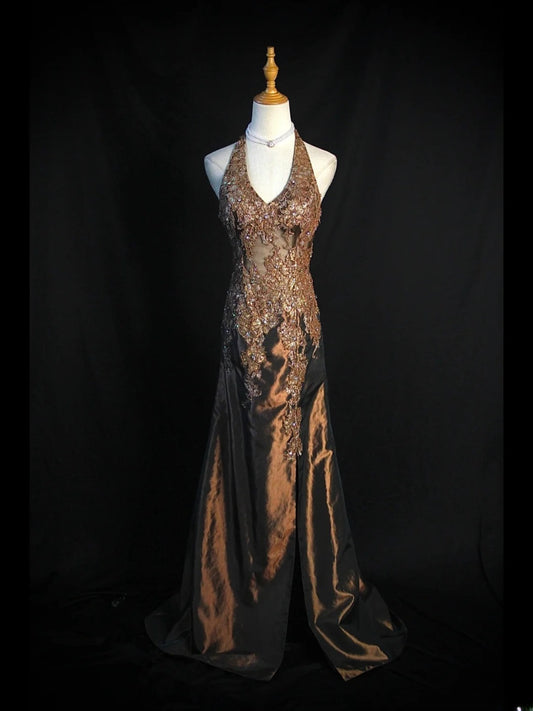 Vintage Mermaid 80s Halter Chocolate Taffeta With Slit Beads Long Prom Dresses Inspo Birthday Outfit Formal Gowns AS404