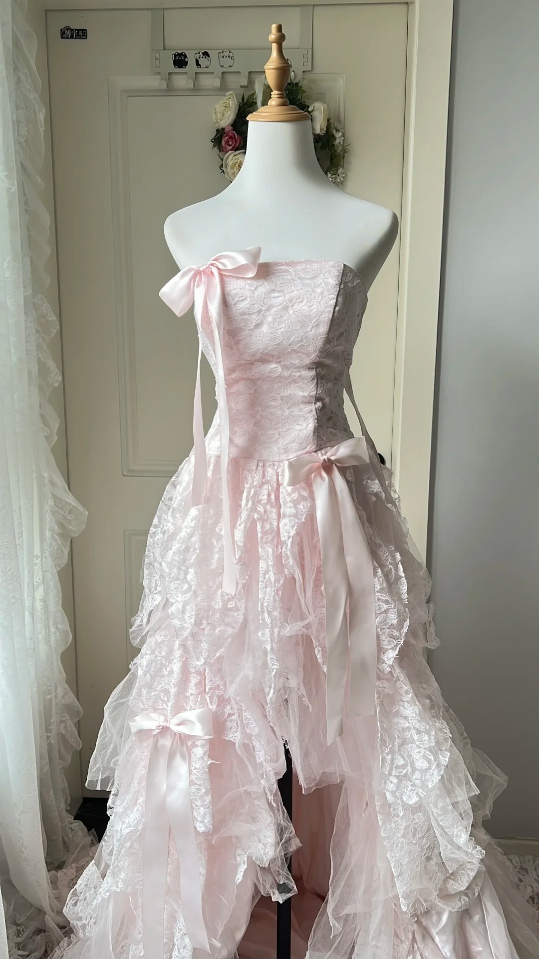 Sweet 16 Dress Ideas High Low Strapless Pink Tulle Lace With Bow-knot Ball Gown Sweet Sixteen Birthday Dresses RC0727