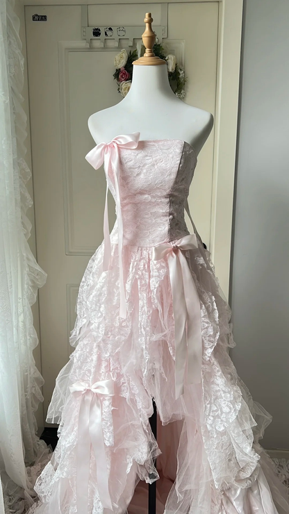 Sweet 16 Dress Ideas High Low Strapless Pink Tulle Lace With Bow-knot Ball Gown Sweet Sixteen Birthday Dresses RC0727